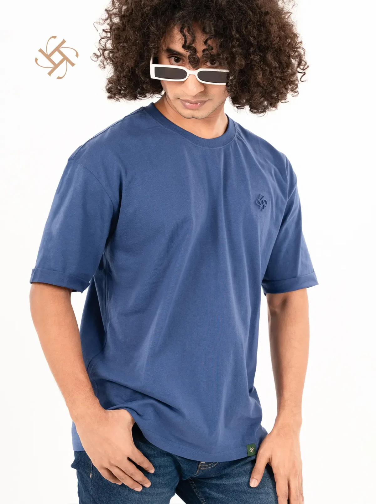 Dark Blue Color Embossed Logo Crewneck Drop Shoulder 2