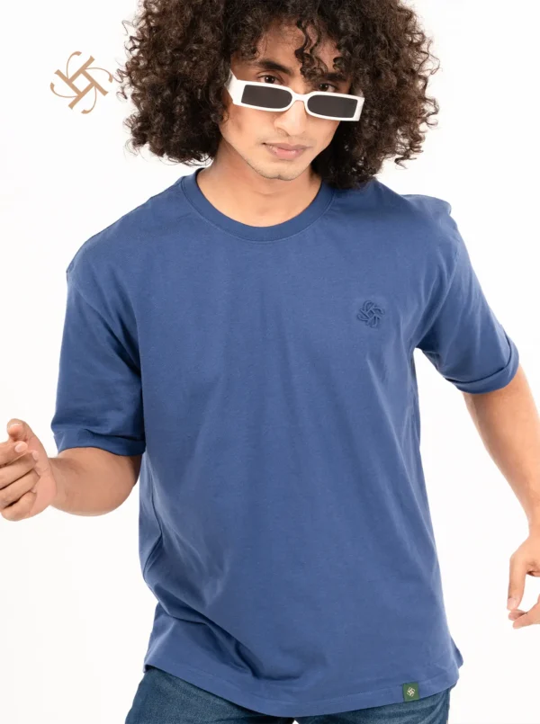 Dark Blue Color Embossed Logo Crewneck Drop Shoulder 3