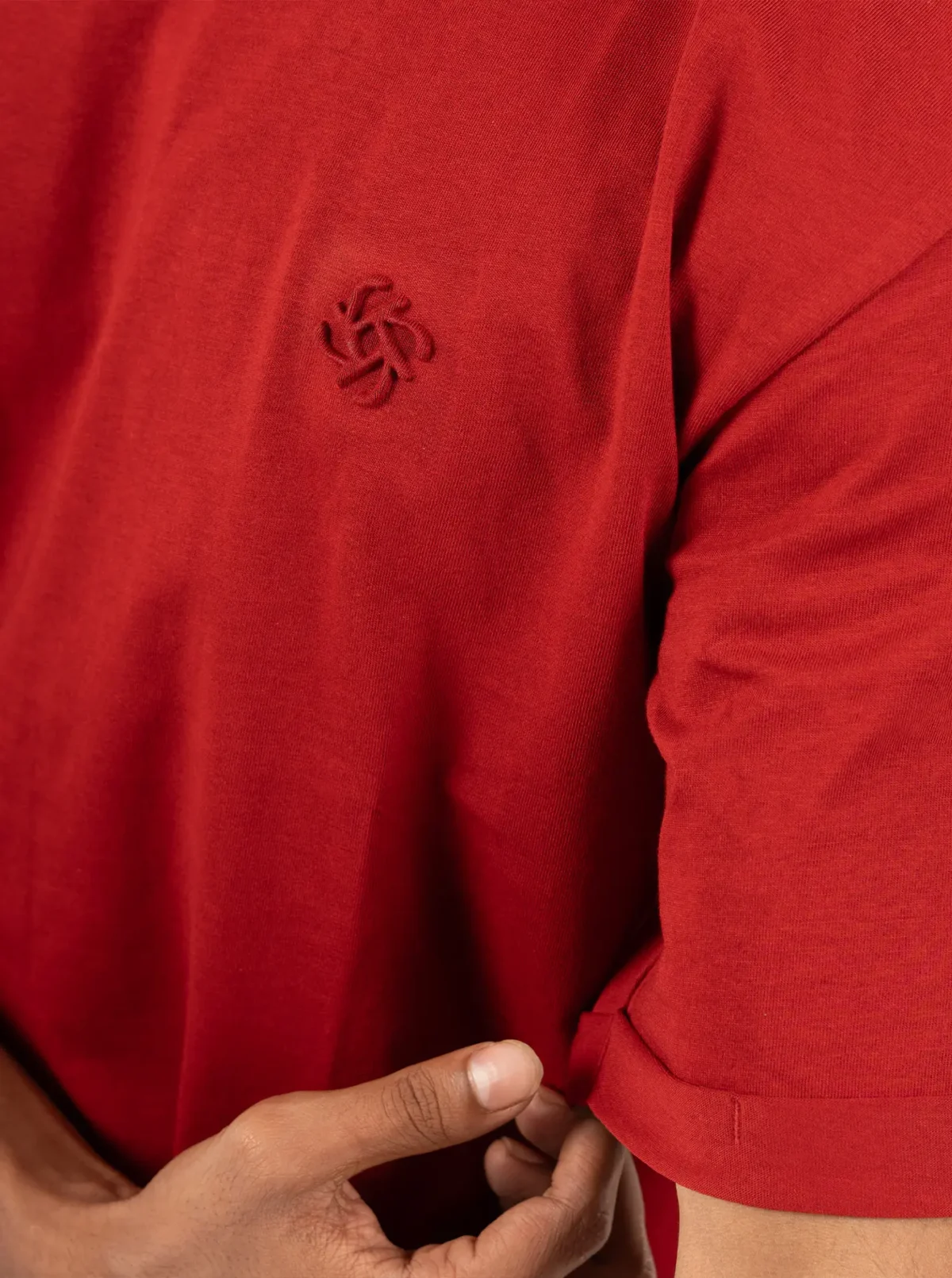 Maroon Solid Color Embossed Logo Crewneck Drop Shoulder