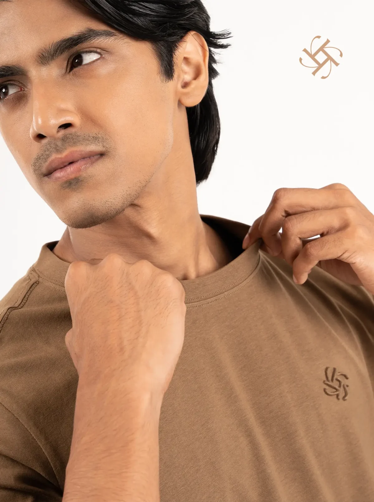 Military Brown Color Embossed Logo Crewneck Drop Shoulder 1