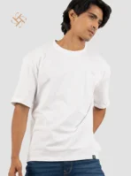 White Color Embossed Logo Crewneck Drop Shoulder 1