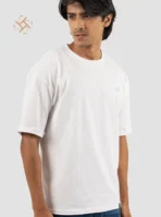 White Color Embossed Logo Crewneck Drop Shoulder